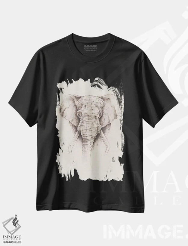 تیشرت مشکی طرح دار – تیشرت حیوانات ,"فیل " اثر مایک کوبو immage.ir