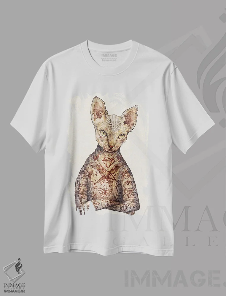 تیشرت سفید طرح دار – تیشرت حیوانات ,"اسفنکس" اثر مایک کوبو immage.ir
