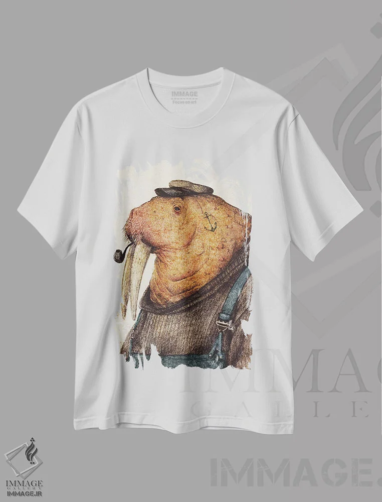 تیشرت سفید طرح دار – تیشرت طنز حیوانات ,"ندای ملوانان" اثر مایک کوبو immage.ir