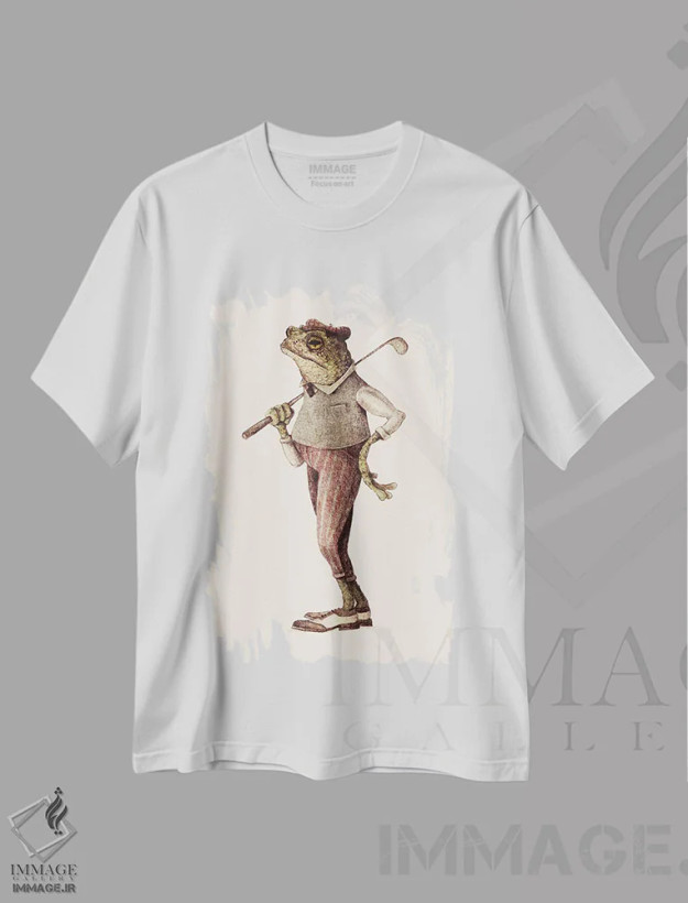 تیشرت سفید طرح دار – تیشرت فانتزی ,"تاب قورباغه" اثر مایک کوبو فروشگاه ایماژ