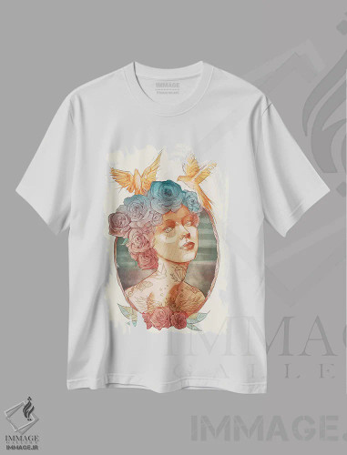 تیشرت سفید طرح دار – تیشرت هنری ,"خانم" اثر مایک کوبو فروشگاه ایماژ