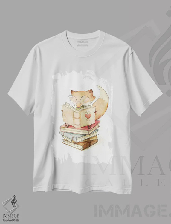 تیشرت سفید طرح دار – تیشرت فانتزی ,"عاشق کتاب" اثر مایک کوبو فروشگاه ایماژ