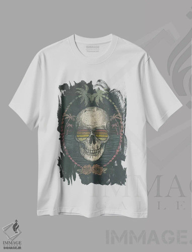 تیشرت سفید طرح دار – تیشرت فانتزی ,"جمجمه نخل" اثر مایک کوبو فروشگاه ایماژ