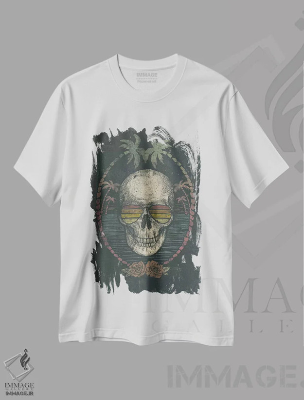 تیشرت سفید طرح دار – تیشرت فانتزی ,"جمجمه نخل" اثر مایک کوبو فروشگاه ایماژ