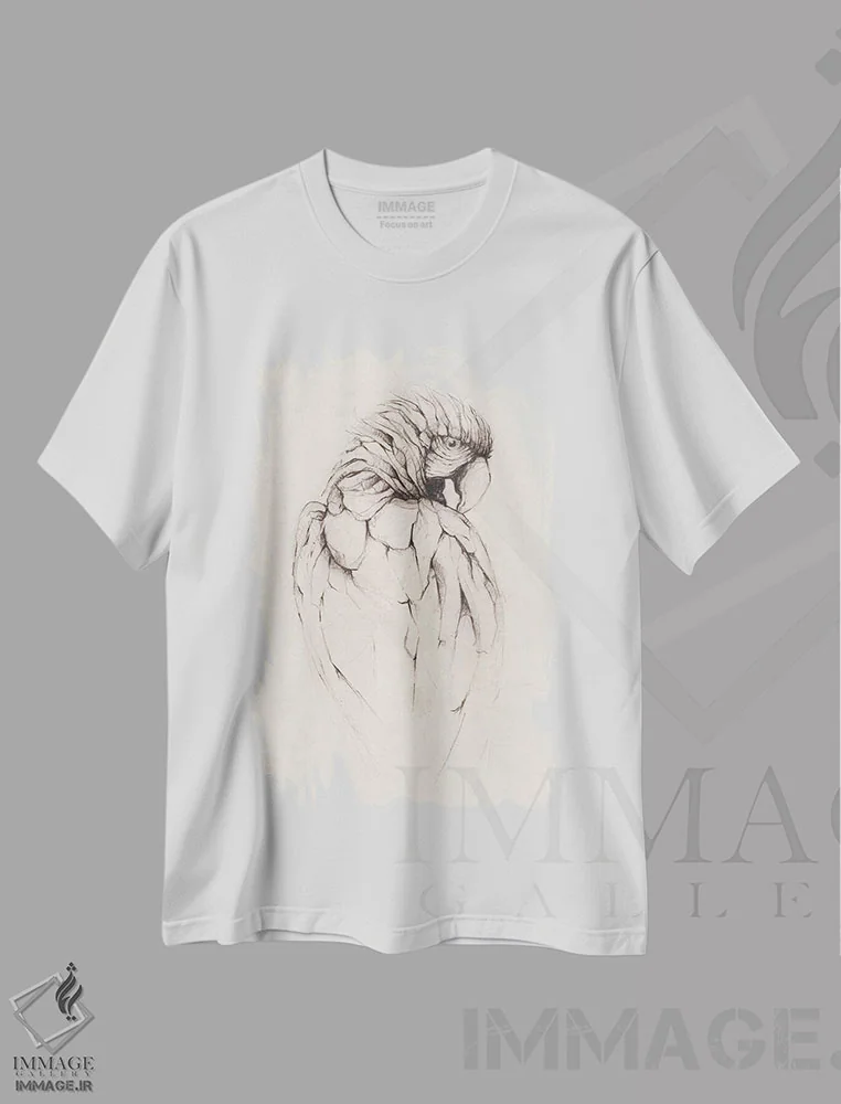 تیشرت سفید طرح دار – تیشرت طبیعت ,"طوطی " اثر مایک کوبو immage.ir