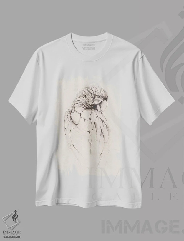 تیشرت سفید طرح دار – تیشرت طبیعت ,"طوطی " اثر مایک کوبو immage.ir