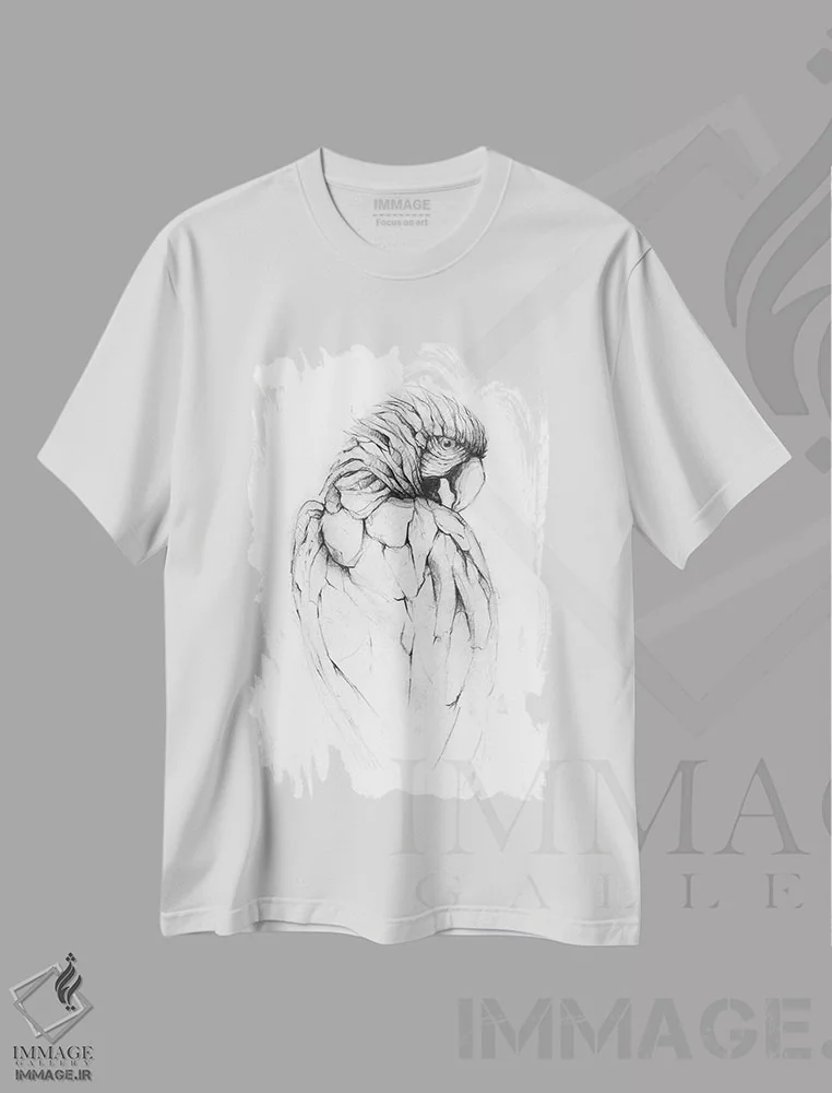 تیشرت سفید طرح دار – تیشرت سیاه وسفید ,"طوطی " اثر مایک کوبو فروشگاه ایماژ