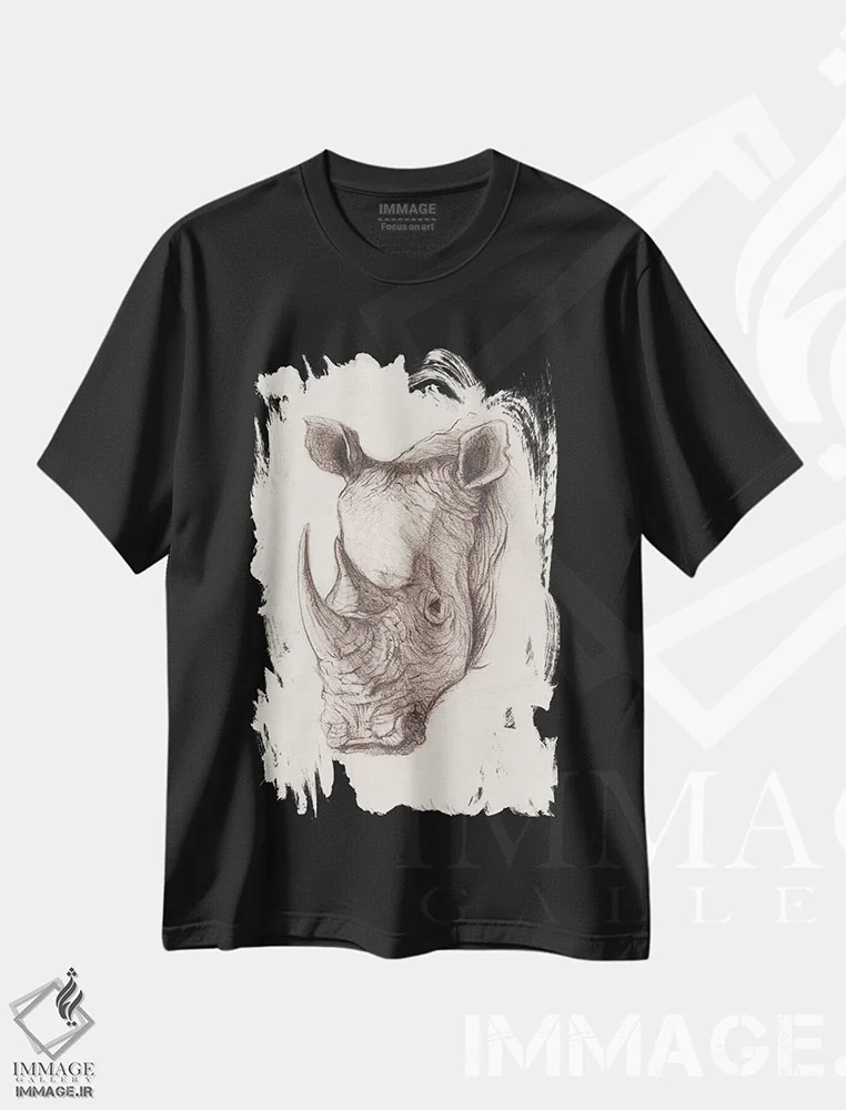 تیشرت مشکی طرح دار – تیشرت حیوانات ,"کرگدن " اثر مایک کوبو immage.ir