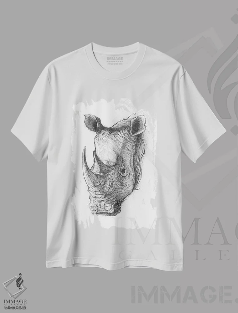 تیشرت سفید طرح دار – تیشرت سیاه سفید ,"کرگدن " اثر مایک کوبو immage.ir