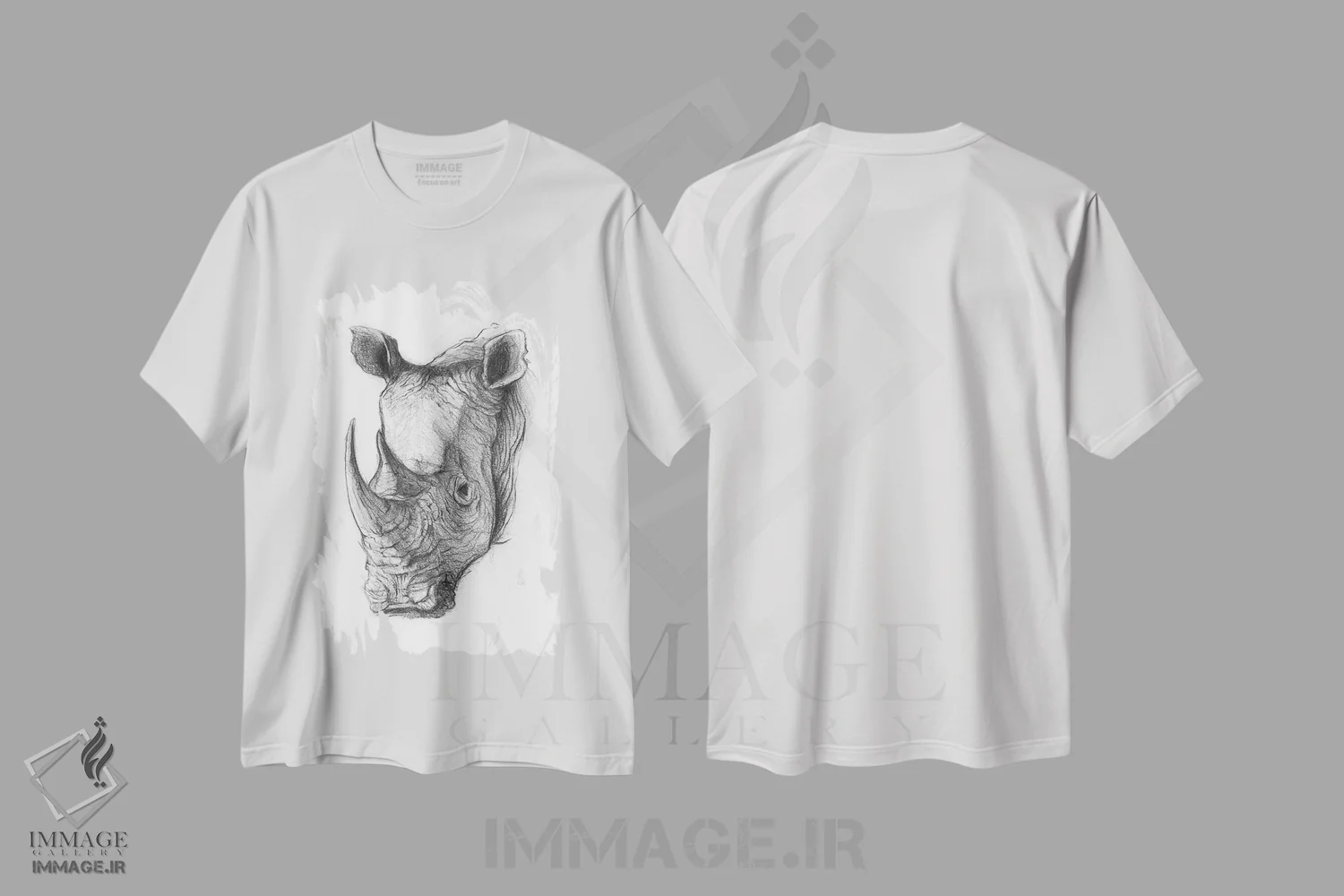 تیشرت سفید طرح دار – تیشرت سیاه سفید ,"کرگدن " اثر مایک کوبو immage.ir