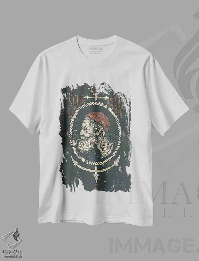 تیشرت سفید طرح دار – تیشرت مردانه هنری ,"اقیانوس جنوب" اثر مایک کوبو immage.ir