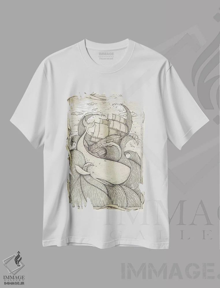 تیشرت سفید طرح دار – تیشرت ماجراجویی ,"نبرد" اثر مایک کوبو فروشگاه ایماژ