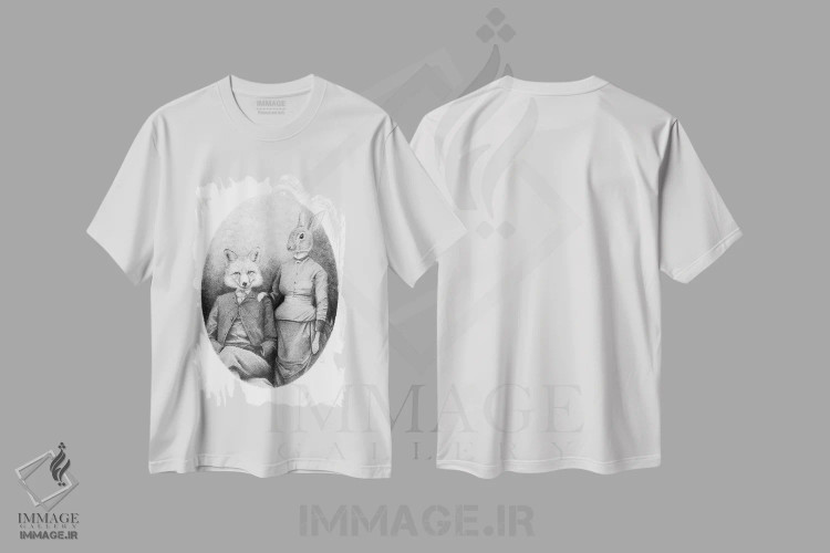تیشرت سفید طرح دار – تیشرت سیاه سفید ,"روباه ها" اثر مایک کوبو immage.ir