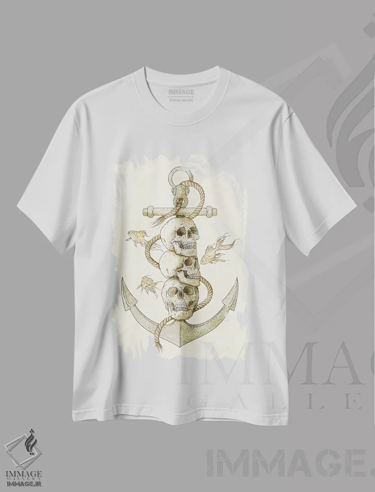 تیشرت سفید طرح دار – تیشرت فانتزی ,"سه دزد دریایی گمشده" اثر مایک کوبو immage.ir