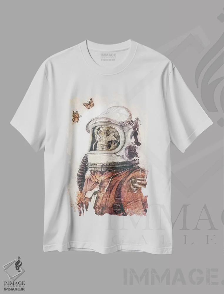 تیشرت سفید طرح دار – تیشرت فانتزی ,"پروانه ها در فضا" اثر مایک کوبو immage.ir
