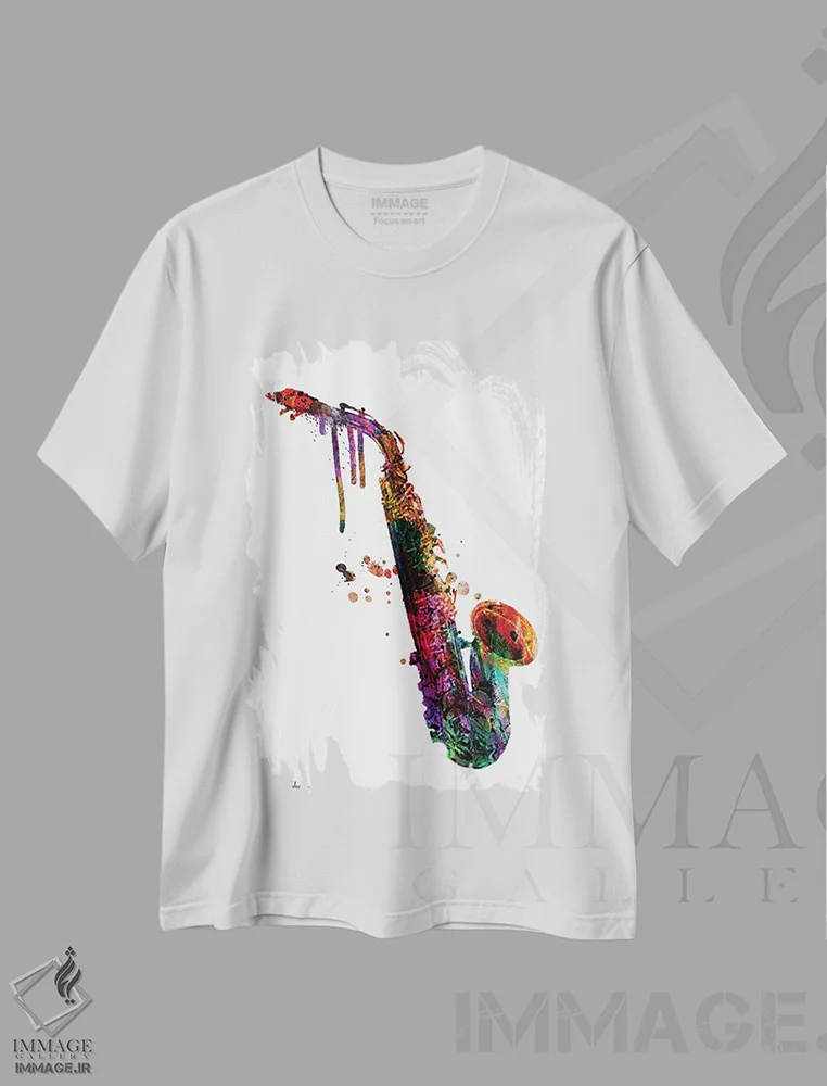 تیشرت سفید طرح دار – تیشرت موسیقی ,"ساکسوفون " اثر مارک اشکنازی immage.ir