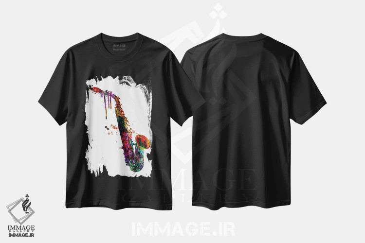 تیشرت مشکی طرح دار – تیشرت موسیقی ,"ساکسوفون " اثر مارک اشکنازی فروشگاه ایماژ