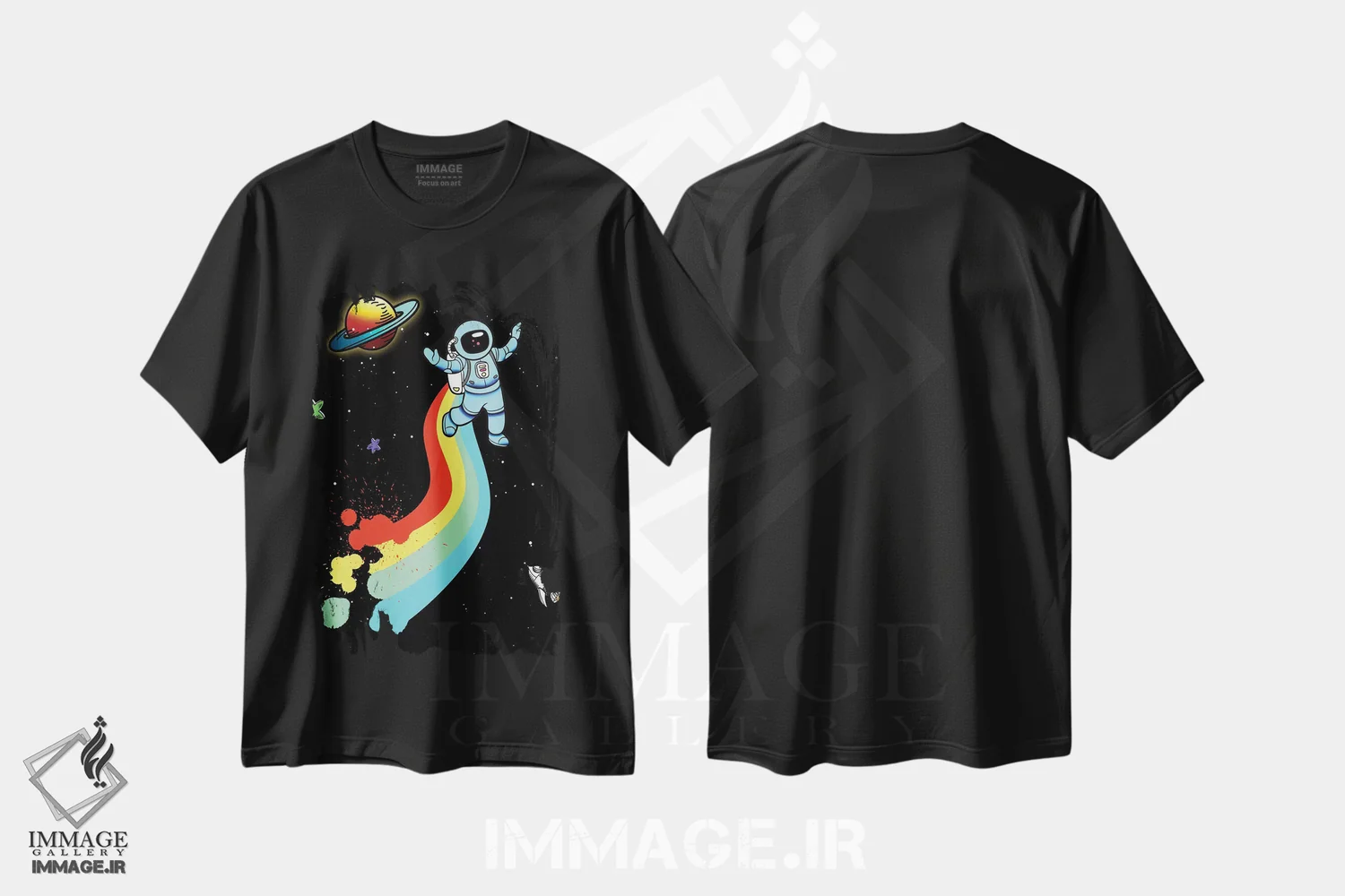 تیشرت مشکی طرح دار – تیشرت فانتزی ,"رنگین کمان فضایی" اثر مارک اشکنازی فروشگاه ایماژ