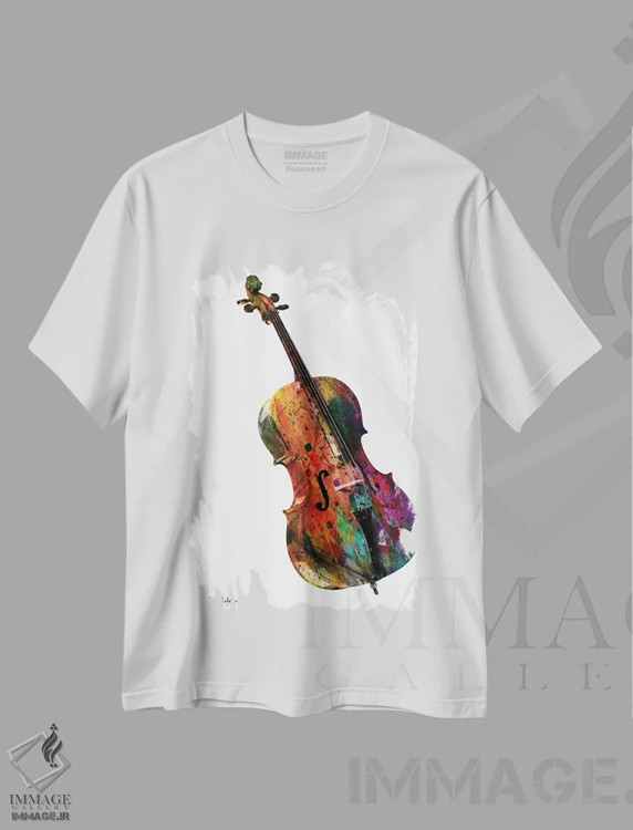 تیشرت سفید طرح دار – تیشرت موسیقی ,"ویولنسل" اثر مارک اشکنازی immage.ir
