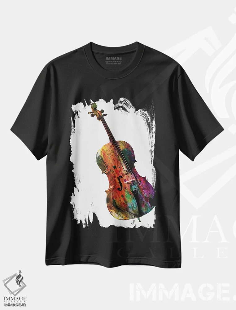 تیشرت مشکی طرح دار – تیشرت موسیقی ,"ویولنسل" اثر مارک اشکنازی فروشگاه ایماژ