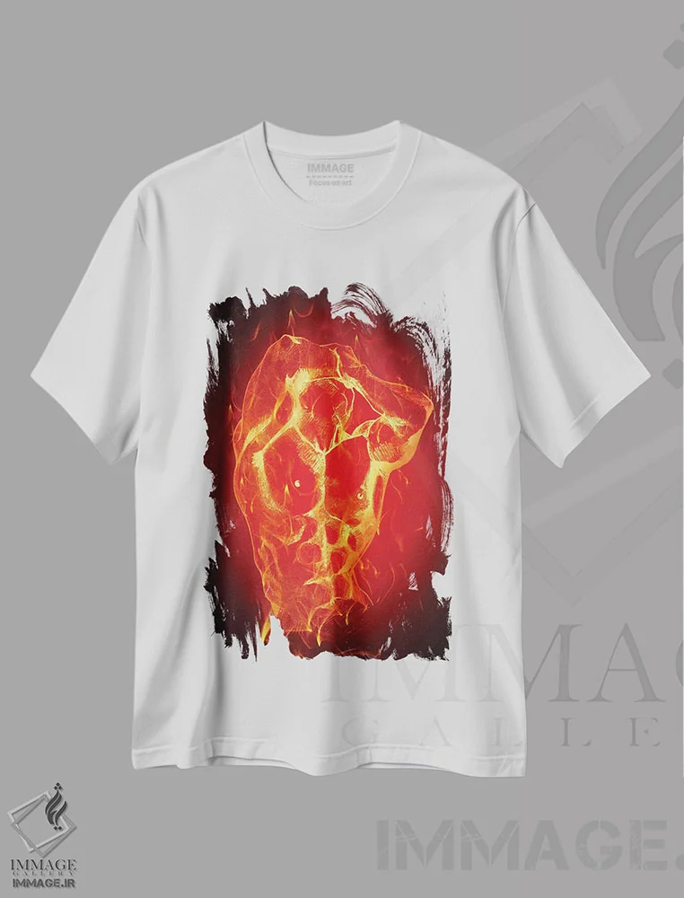تیشرت سفید طرح دار – تیشرت گرافیکی ,"مرد آتش" اثر مارک اشکنازی فروشگاه ایماژ