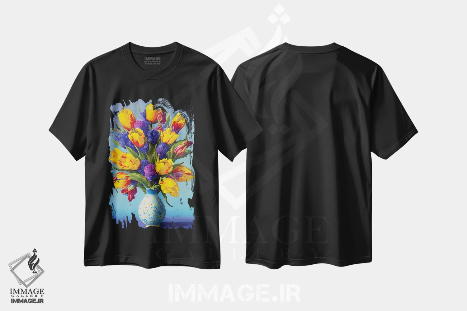تیشرت مشکی طرح دار – تیشرت گل و گیاه ,"سطل لاله ها" اثر مارک اشکنازی فروشگاه ایماژ