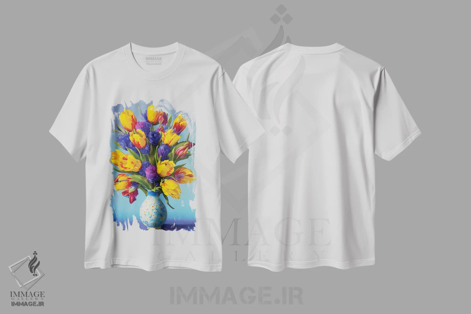 تیشرت سفید طرح دار – تیشرت گل و گیاه ,"سطل لاله ها" اثر مارک اشکنازی immage.ir