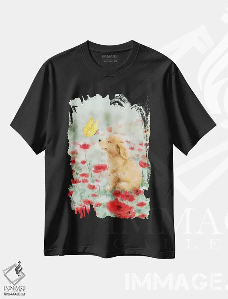 تیشرت مشکی طرح دار – تیشرت هنری ,"طلایی با پروانه" اثر ماکیکو immage.ir
