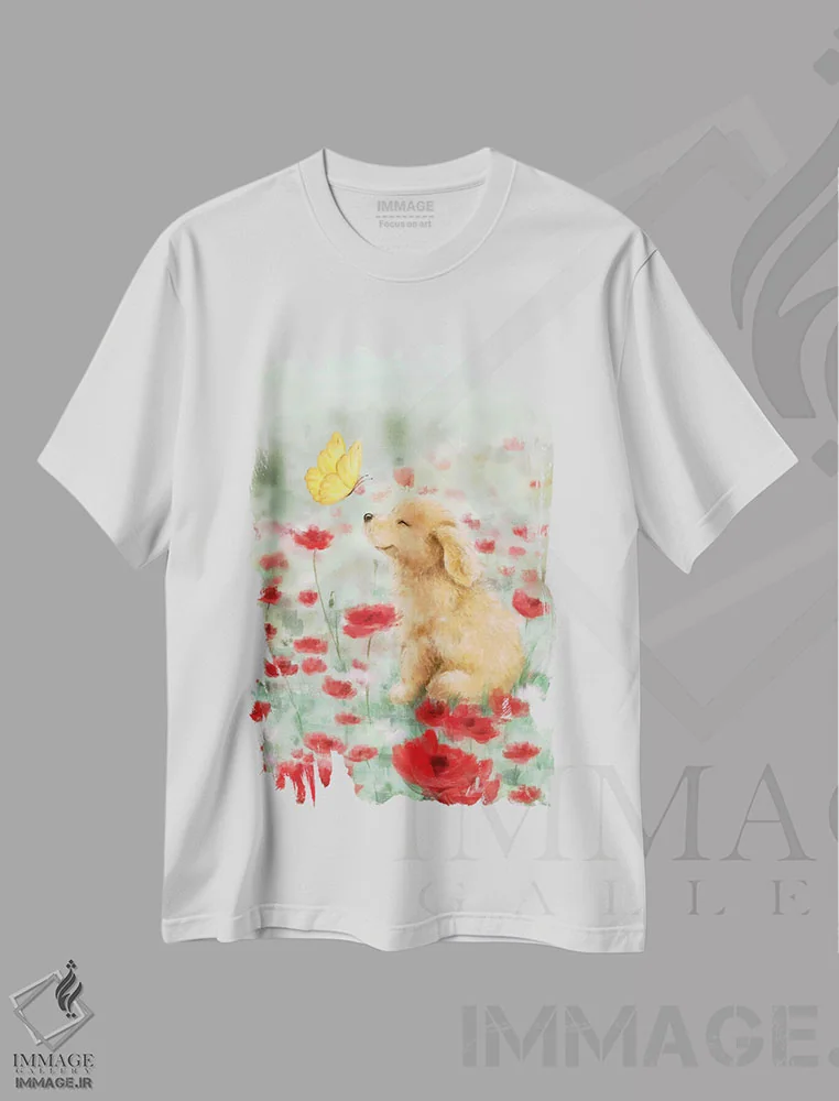 تیشرت سفید طرح دار – تیشرت هنری ,"طلایی با پروانه" اثر ماکیکو فروشگاه ایماژ