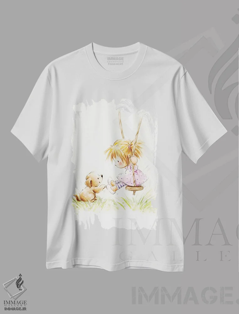 تیشرت سفید طرح دار – تیشرت هنری کودکانه ,"دختر کوچولو روی تاب با سگ" اثر ماکیکو فروشگاه ایماژ