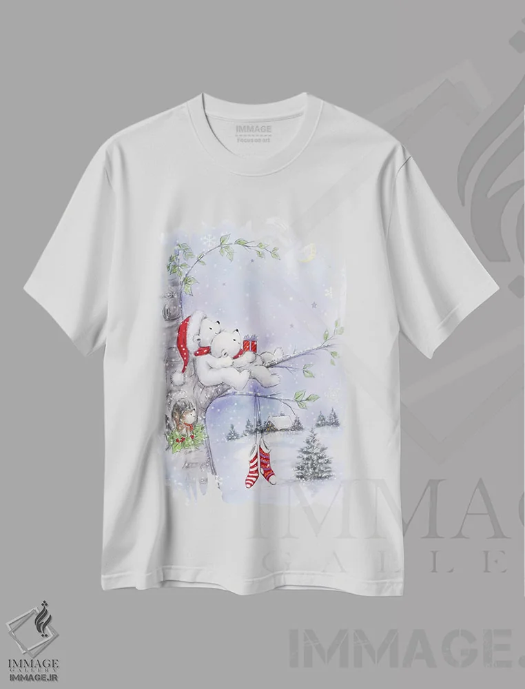 تیشرت سفید طرح دار – تیشرت طبیعت ,"زوج خرس روی درخت" اثر ماکیکو immage.ir