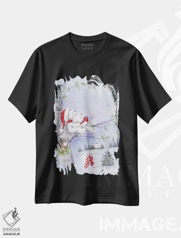 تیشرت مشکی طرح دار – تیشرت طبیعت ,"زوج خرس روی درخت" اثر ماکیکو فروشگاه ایماژ