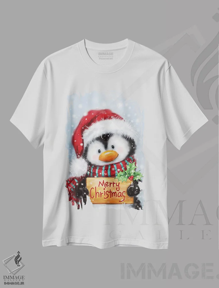 تیشرت سفید طرح دار – تیشرت کریسمس ,"پنگوئن با خط دست" اثر ماکیکو immage.ir