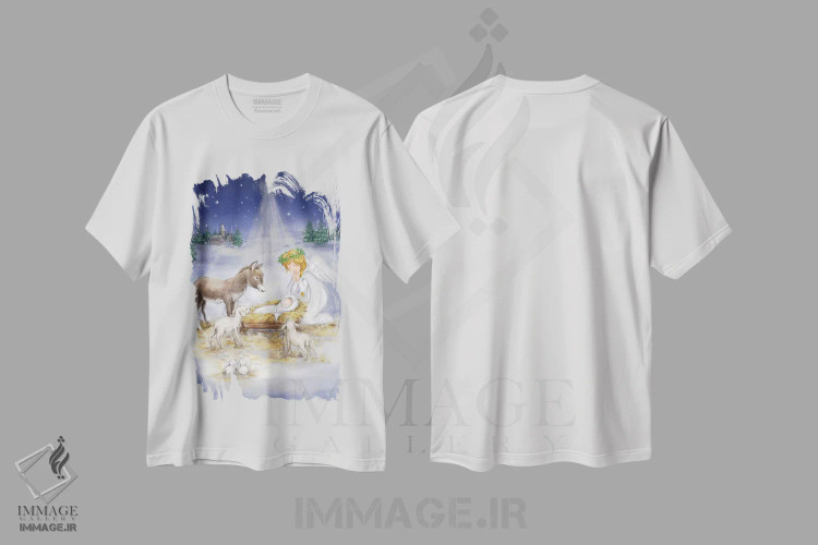 تیشرت سفید طرح دار – تیشرت معنوی ,"تولد عیسی با فرشته" اثر ماکیکو فروشگاه ایماژ