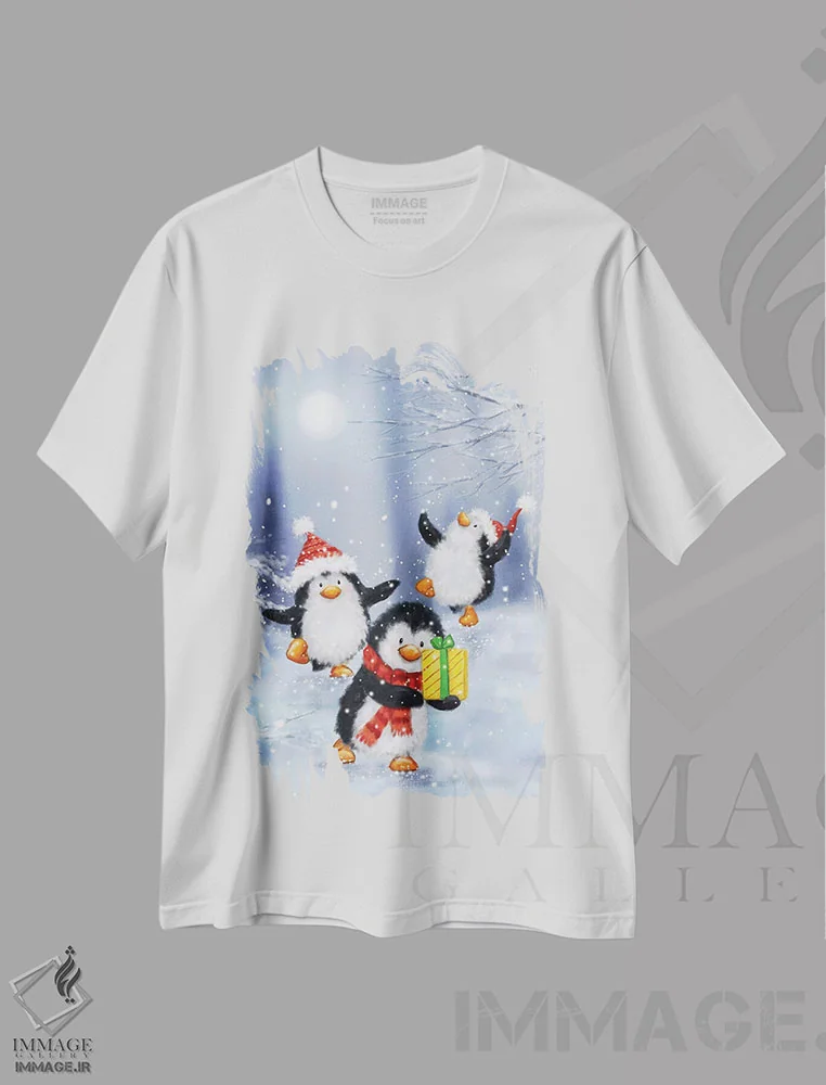 تیشرت سفید طرح دار – تیشرت حیوانات ,"پنگوئن ها" اثر ماکیکو فروشگاه ایماژ