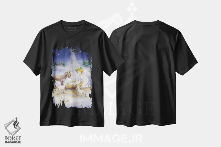 تیشرت مشکی طرح دار – تیشرت معنوی ,"تولد عیسی با فرشته" اثر ماکیکو immage.ir