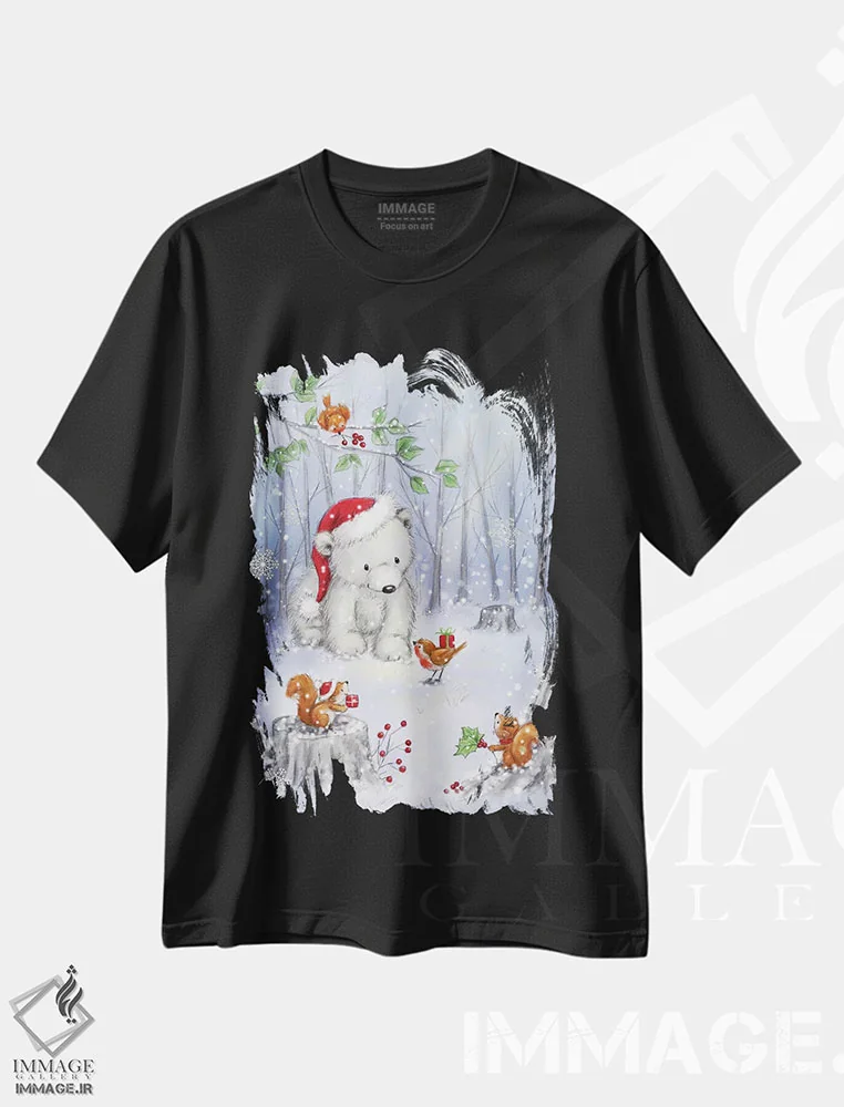تیشرت مشکی طرح دار – تیشرت مینیمال ,"خرس قطبی در جنگل " اثر ماکیکو immage.ir