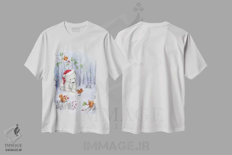 تیشرت سفید طرح دار – تیشرت مینیمال ,"خرس قطبی در جنگل " اثر ماکیکو فروشگاه ایماژ