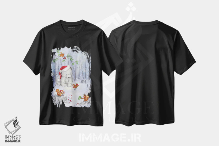 تیشرت مشکی طرح دار – تیشرت مینیمال ,"خرس قطبی در جنگل " اثر ماکیکو immage.ir