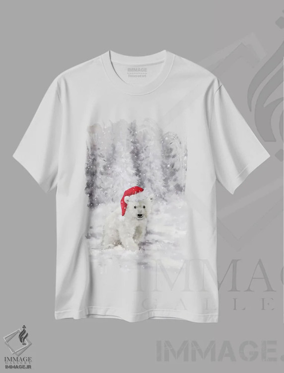 تیشرت سفید طرح دار – تیشرت طبیعت ,"خرس قطبی در جنگل " اثر ماکیکو immage.ir