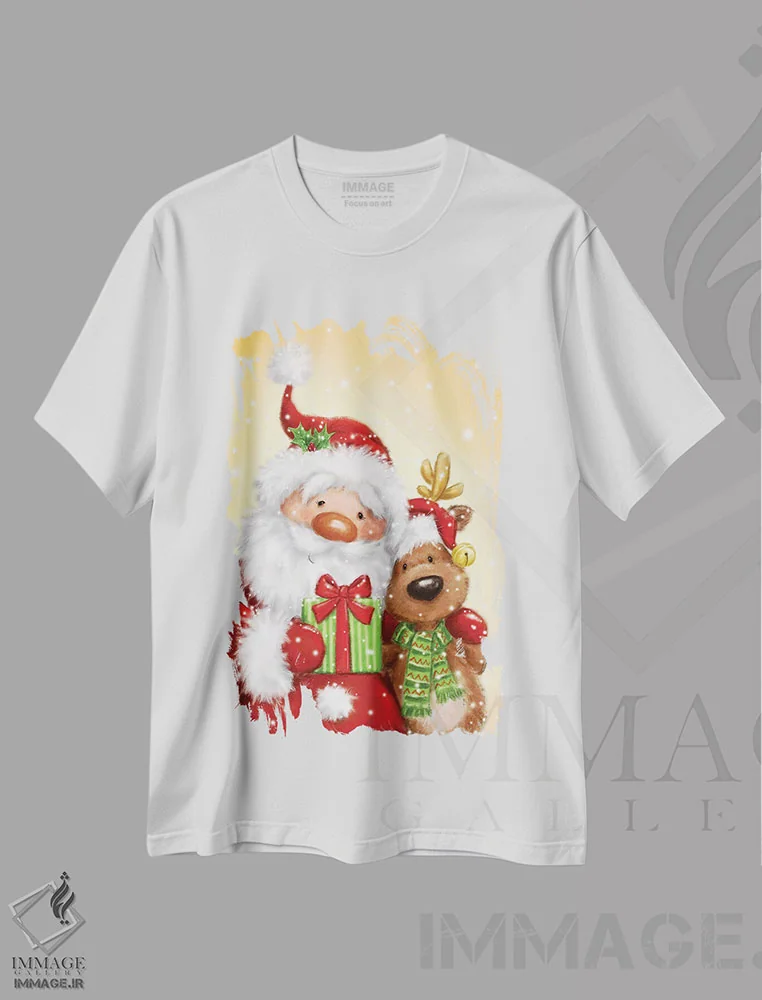 تیشرت سفید طرح دار – تیشرت تعطیلات ,"بابانوئل و گوزن شمالی " اثر ماکیکو immage.ir