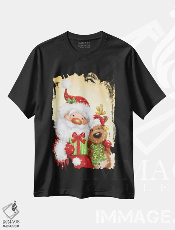 تیشرت مشکی طرح دار – تیشرت تعطیلات ,"بابانوئل و گوزن شمالی " اثر ماکیکو فروشگاه ایماژ