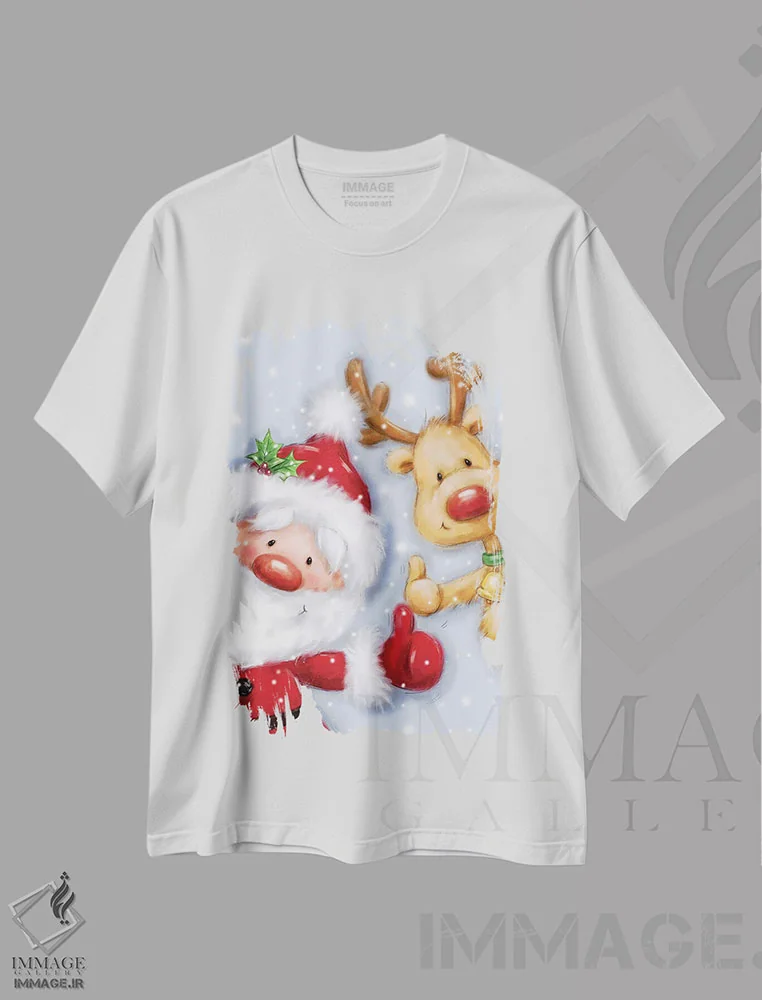 تیشرت سفید طرح دار – تیشرت فصلی ,"بابانوئل و گوزن شمالی " اثر ماکیکو فروشگاه ایماژ