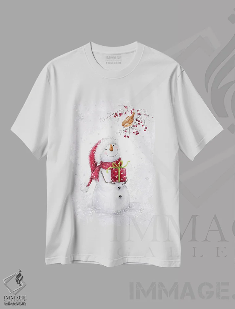 تیشرت سفید طرح دار – تیشرت طبیعت ,"آدم برفی و رابین الف" اثر ماکیکو فروشگاه ایماژ