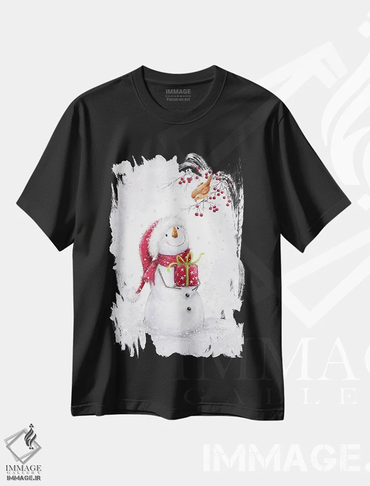 تیشرت مشکی طرح دار – تیشرت طبیعت ,"آدم برفی و رابین الف" اثر ماکیکو immage.ir
