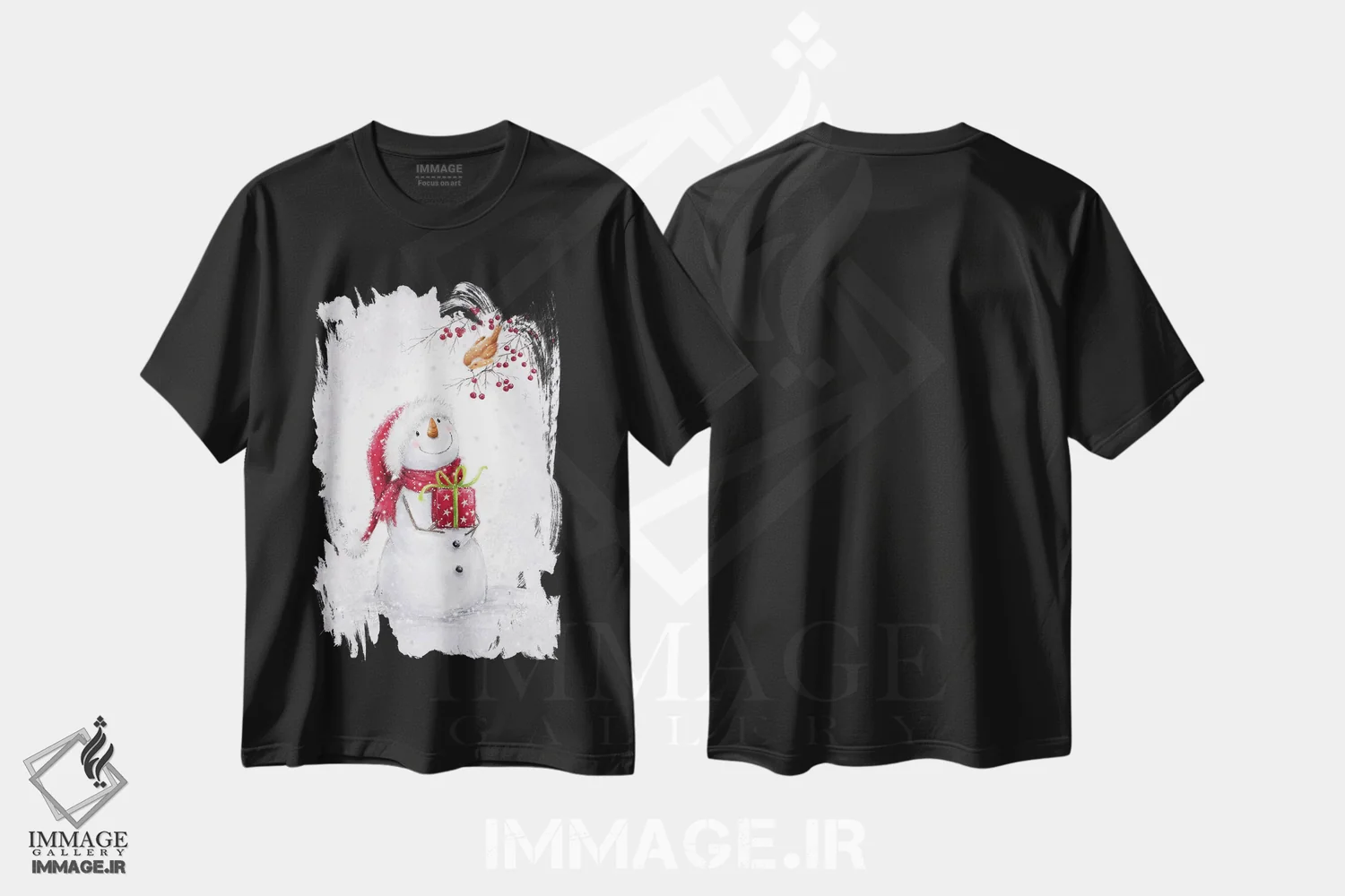 تیشرت مشکی طرح دار – تیشرت طبیعت ,"آدم برفی و رابین الف" اثر ماکیکو immage.ir