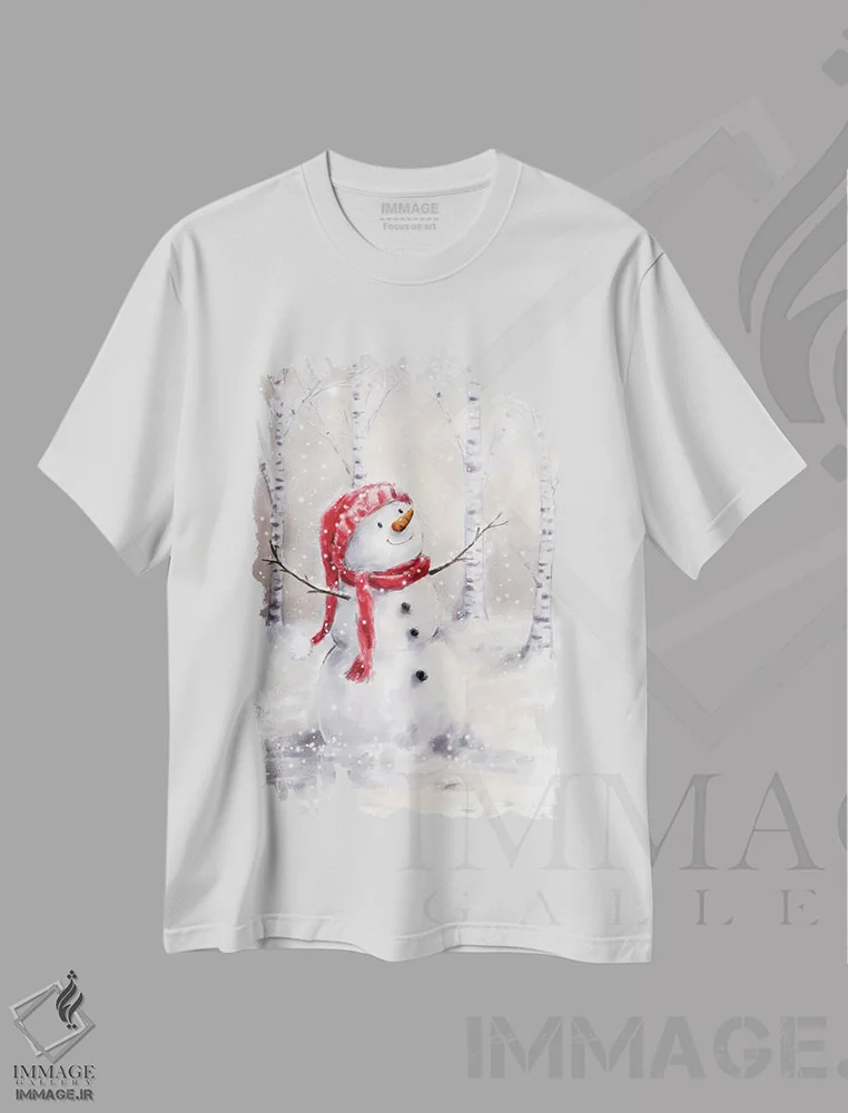 تیشرت سفید طرح دار – تیشرت طبیعت ,"آدم برفی در جنگل " اثر ماکیکو immage.ir