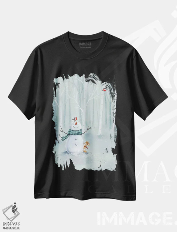 تیشرت مشکی طرح دار – تیشرت فصلی ,"آدم برفی در جنگل " اثر ماکیکو immage.ir