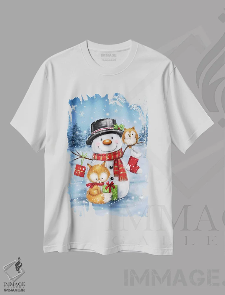 تیشرت سفید طرح دار – تیشرت کریسمس ,"آدم برفی، جغد و روباه" اثر ماکیکو immage.ir