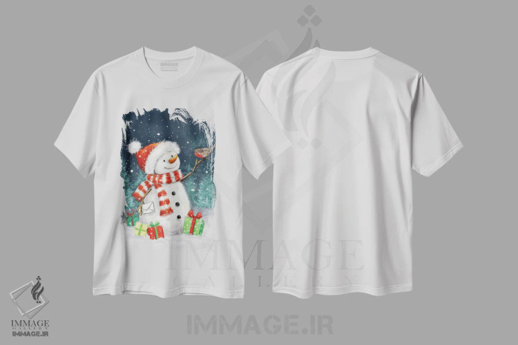 تیشرت سفید طرح دار – تیشرت کریسمس ,"آدم برفی با هدایا ب" اثر ماکیکو فروشگاه ایماژ
